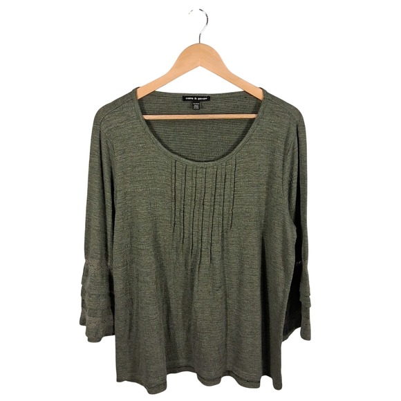 Cable & Gauge Olive Green Knit Top Bell Sleeve Pleated Blouse‎ XL Peasant Lace - Picture 1 of 10